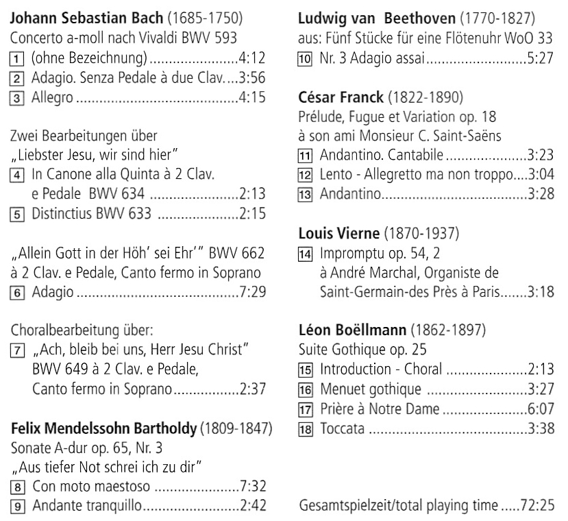 CD-Titelliste Orgelmusik aus der Stabkirche Hahnenklee